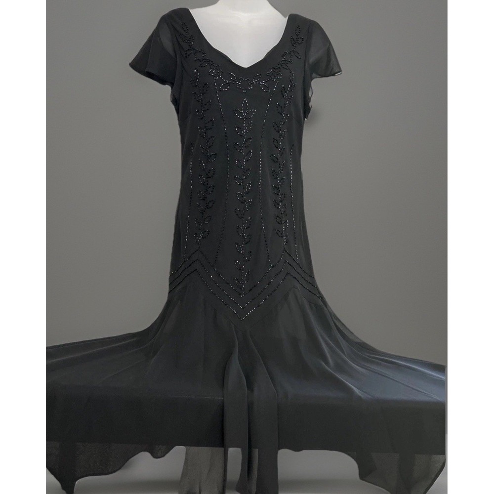 SL Fashions Black Beaded Flutter Sleeve V Neck Midi Dress Sz 10 Missy NEW